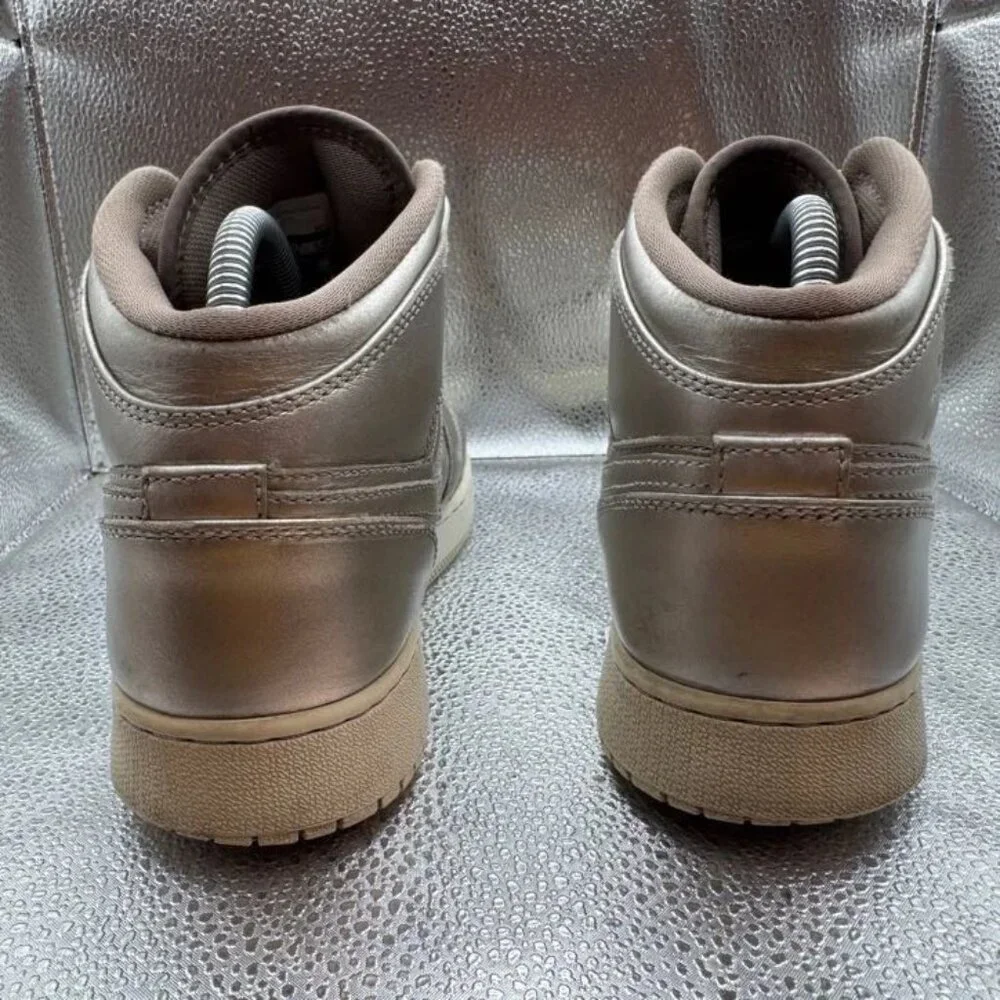 Size 7Y - Nike Air Jordan 1‎ AJ1 Mid GS Sepia Stone Noble Gold Kids Silver Shoes